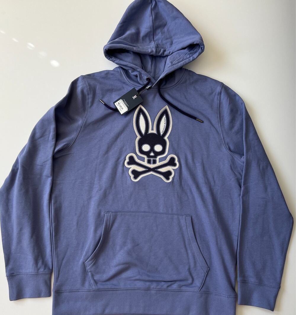 Psycho Bunny Ryder Embroidered Bunny Patch Hoodie Blue Ice Men's Size L New